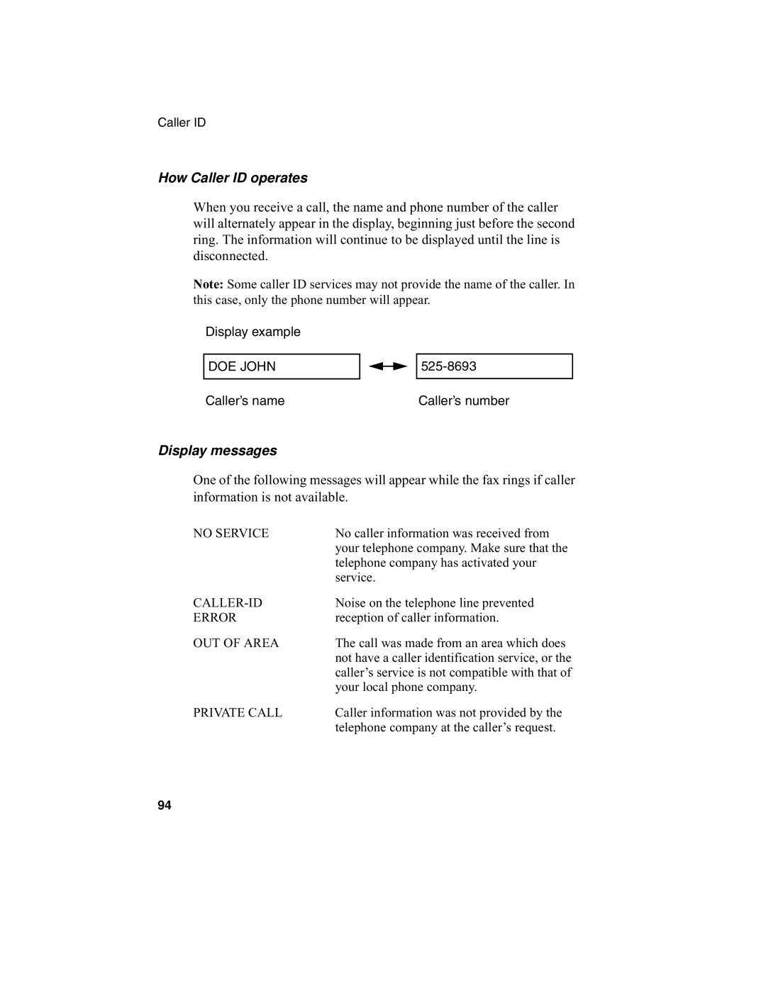 Sharp UX-340L operation manual How Caller ID operates, Display messages 