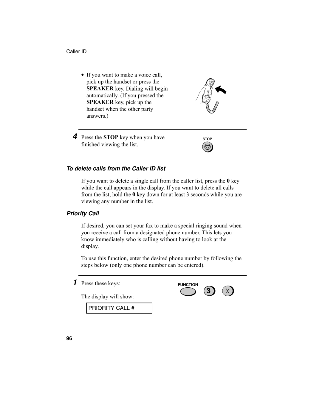 Sharp UX-340L operation manual To delete calls from the Caller ID list, Priority Call 