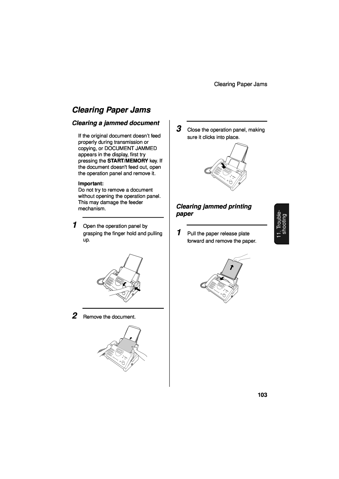 Sharp UX-340LM manual Clearing Paper Jams, Clearing a jammed document, Clearing jammed printing, paper, shooting 