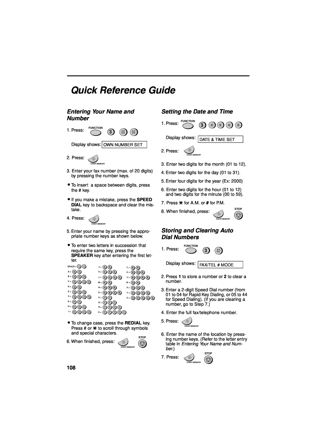 Sharp UX-340LM manual Quick Reference Guide, Entering Your Name and Number, Setting the Date and Time, Press 