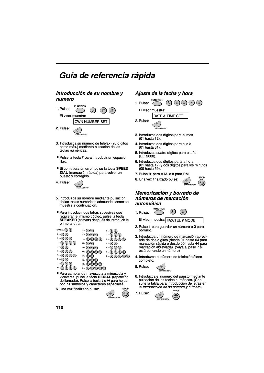 Sharp UX-340LM manual Guía de referencia rá pida, Introducció n de su nombre y nú mero, Ajuste de la fecha y hora, Pulse 