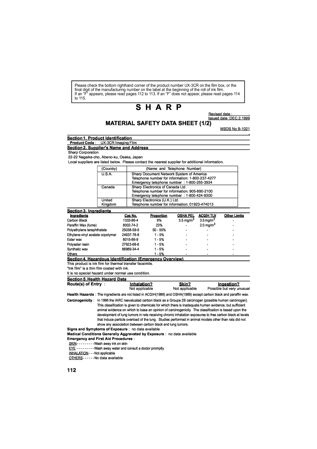 Sharp UX-340LM S H A R P, MATERIAL SAFETY DATA SHEET 1/2, Product Identification, Suppliers Name and Address, Ingredients 