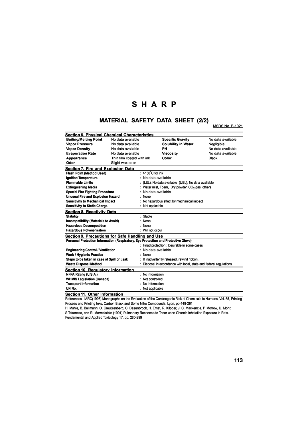 Sharp UX-340LM manual S H A R P, MATERIAL SAFETY DATA SHEET 2/2, Physical Chemical Characteristics, Fire and Explosion Data 