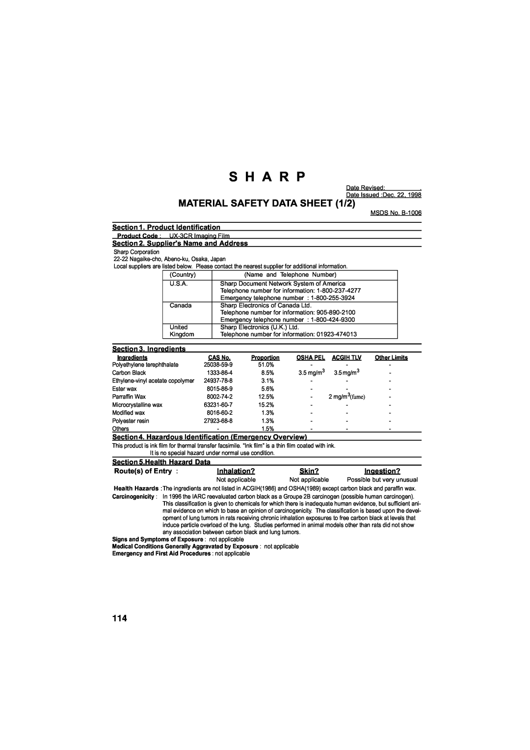 Sharp UX-340LM S H A R P, MATERIAL SAFETY DATA SHEET 1/2, Product Identification, Suppliers Name and Address, Ingredients 
