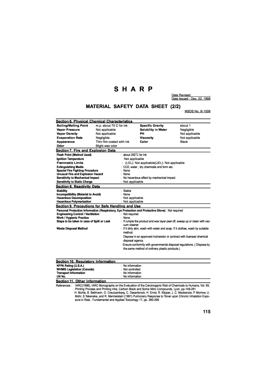 Sharp UX-340LM manual S H A R P, MATERIAL SAFETY DATA SHEET 2/2, Physical Chemical Characteristics, Fire and Explosion Data 