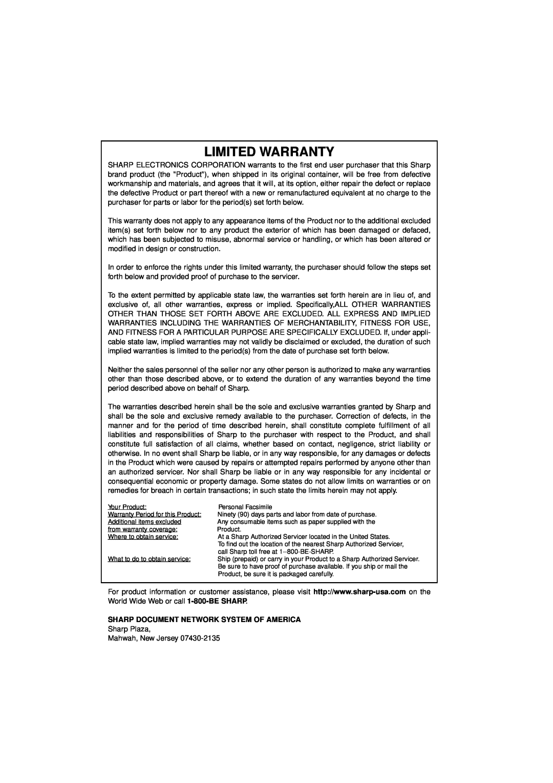 Sharp UX-340LM manual Limited Warranty, Sharp Document Network System Of America 