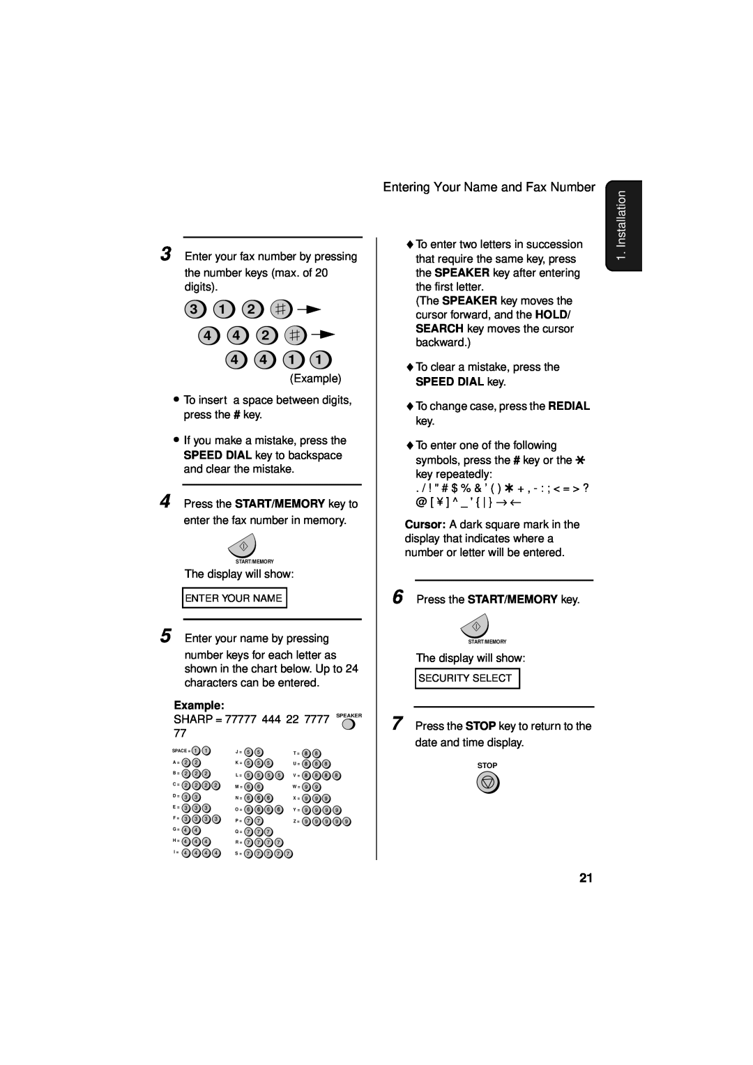 Sharp UX-340LM manual 3 1 4 4 4 4 1, Installation, Example, Enter Your Name, Security Select 