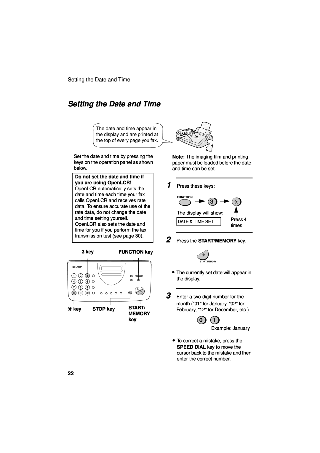 Sharp UX-340LM Setting the Date and Time, Do not set the date and time if you are using OpenLCR, FUNCTION key, STOP key 