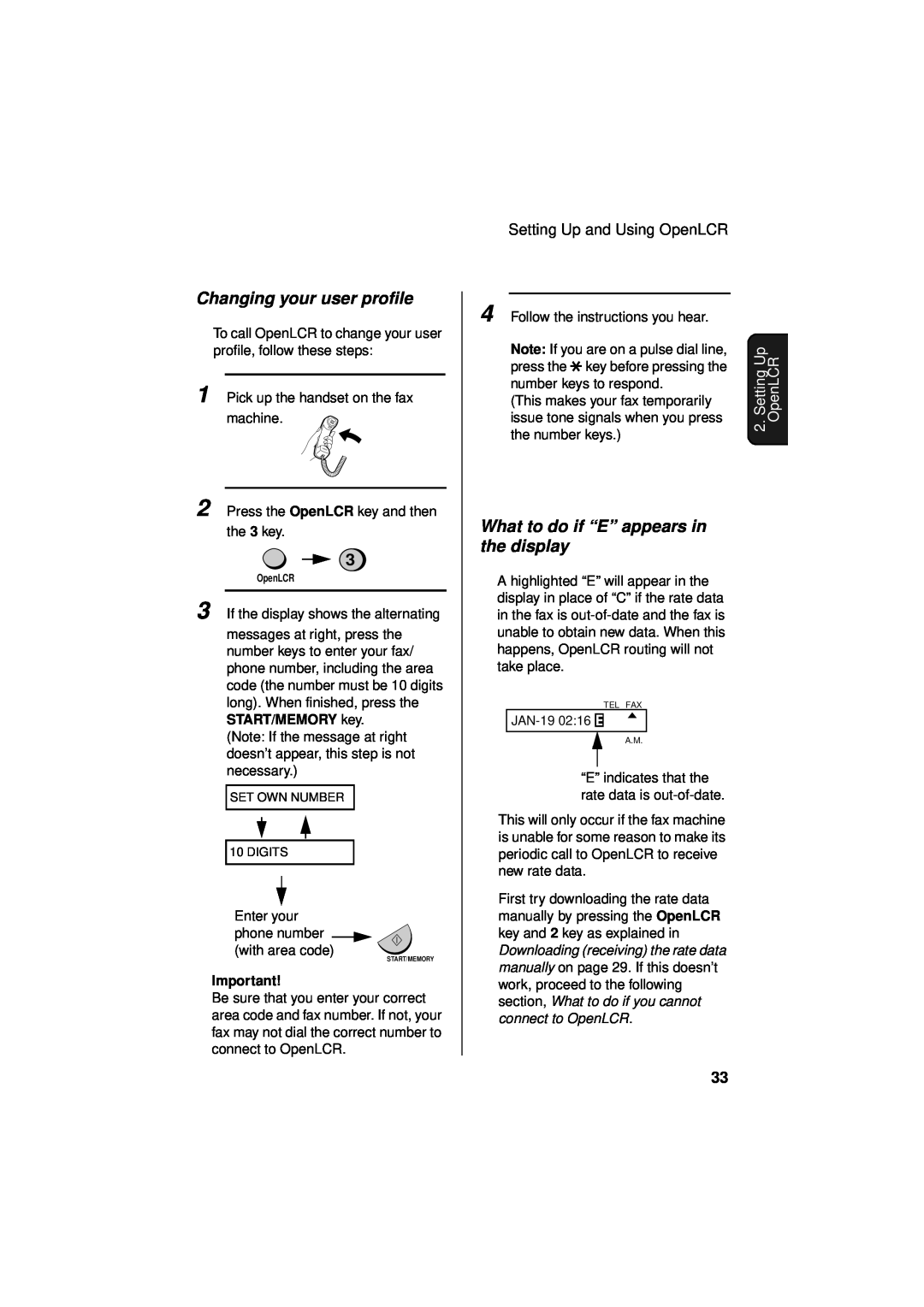 Sharp UX-340LM manual Changing your user profile, What to do if “E” appears in the display, OpenLCR 