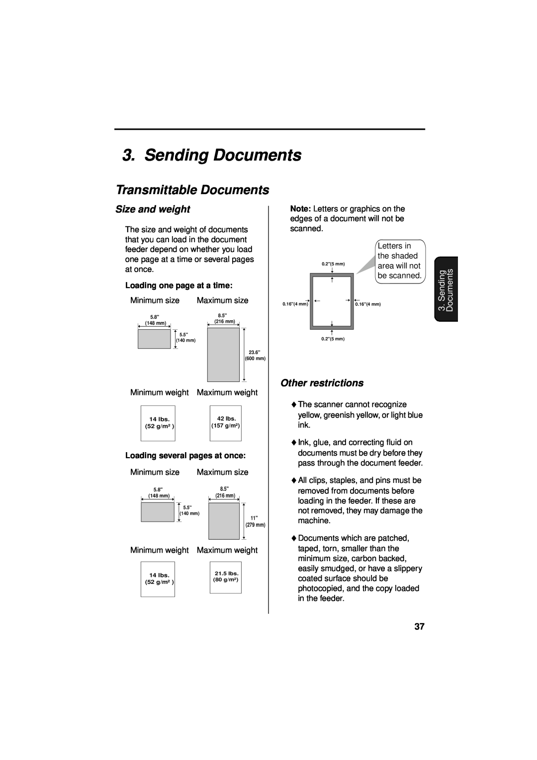 Sharp UX-340LM Sending Documents, Transmittable Documents, Size and weight, Other restrictions, Loading one page at a time 