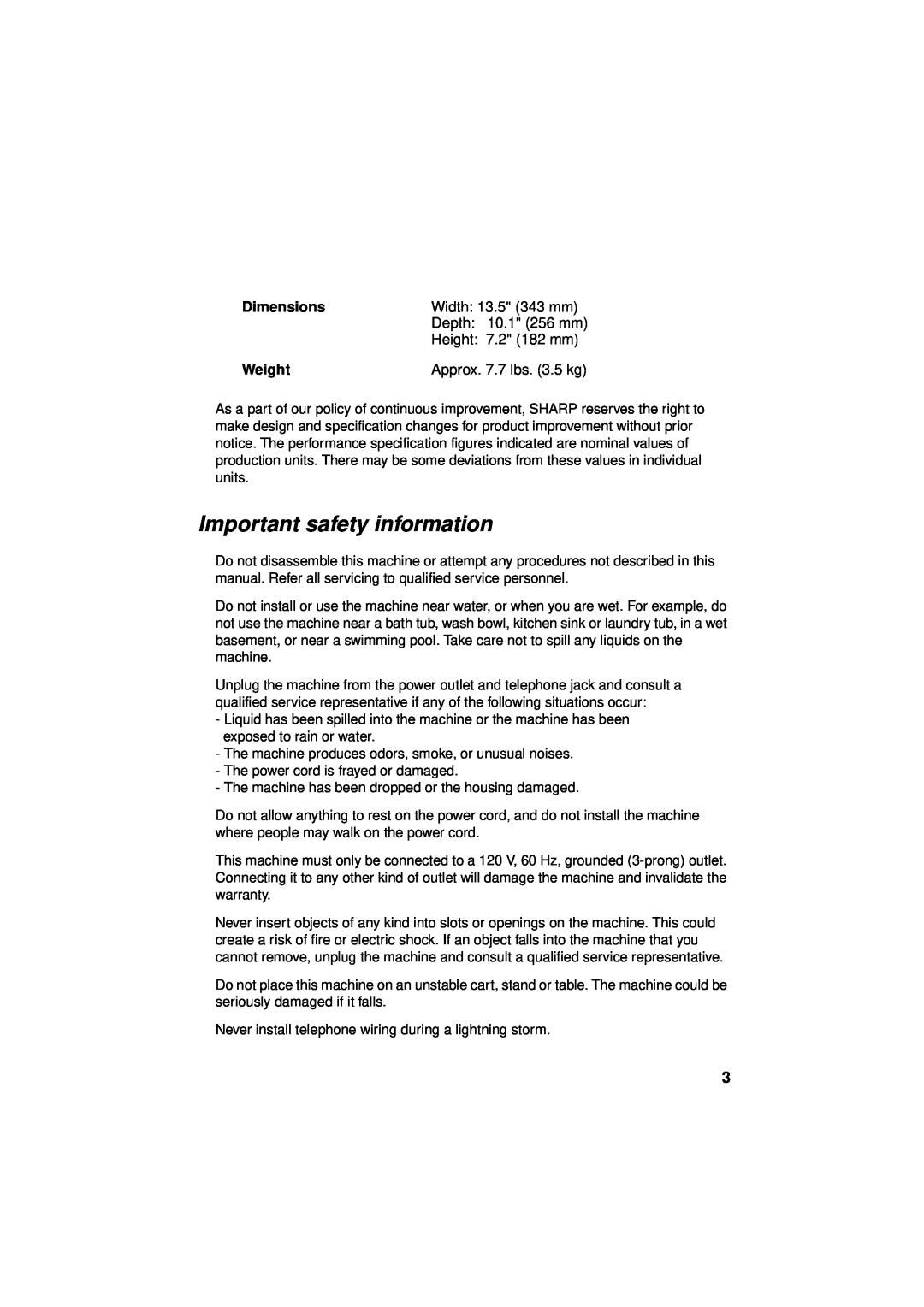 Sharp UX-340LM manual Important safety information, Dimensions, Weight 