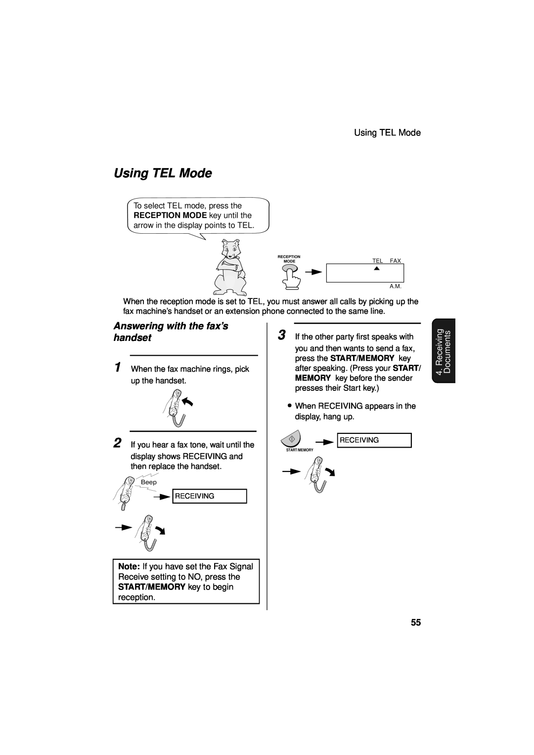 Sharp UX-340LM manual Using TEL Mode, Answering with the fax’s handset, Receiving Documents 