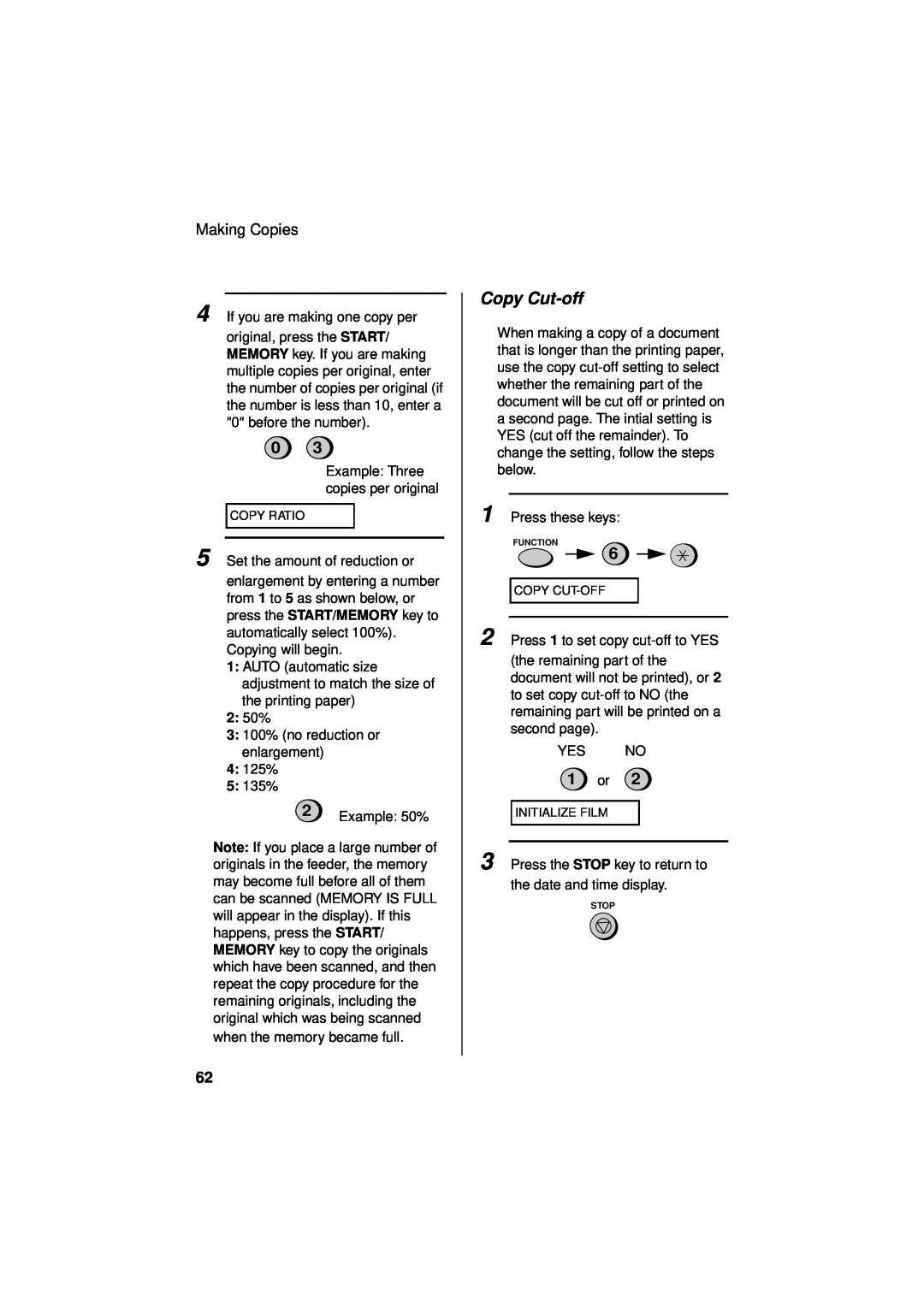 Sharp UX-340LM manual Copy Cut-off, 1 or, Making Copies 