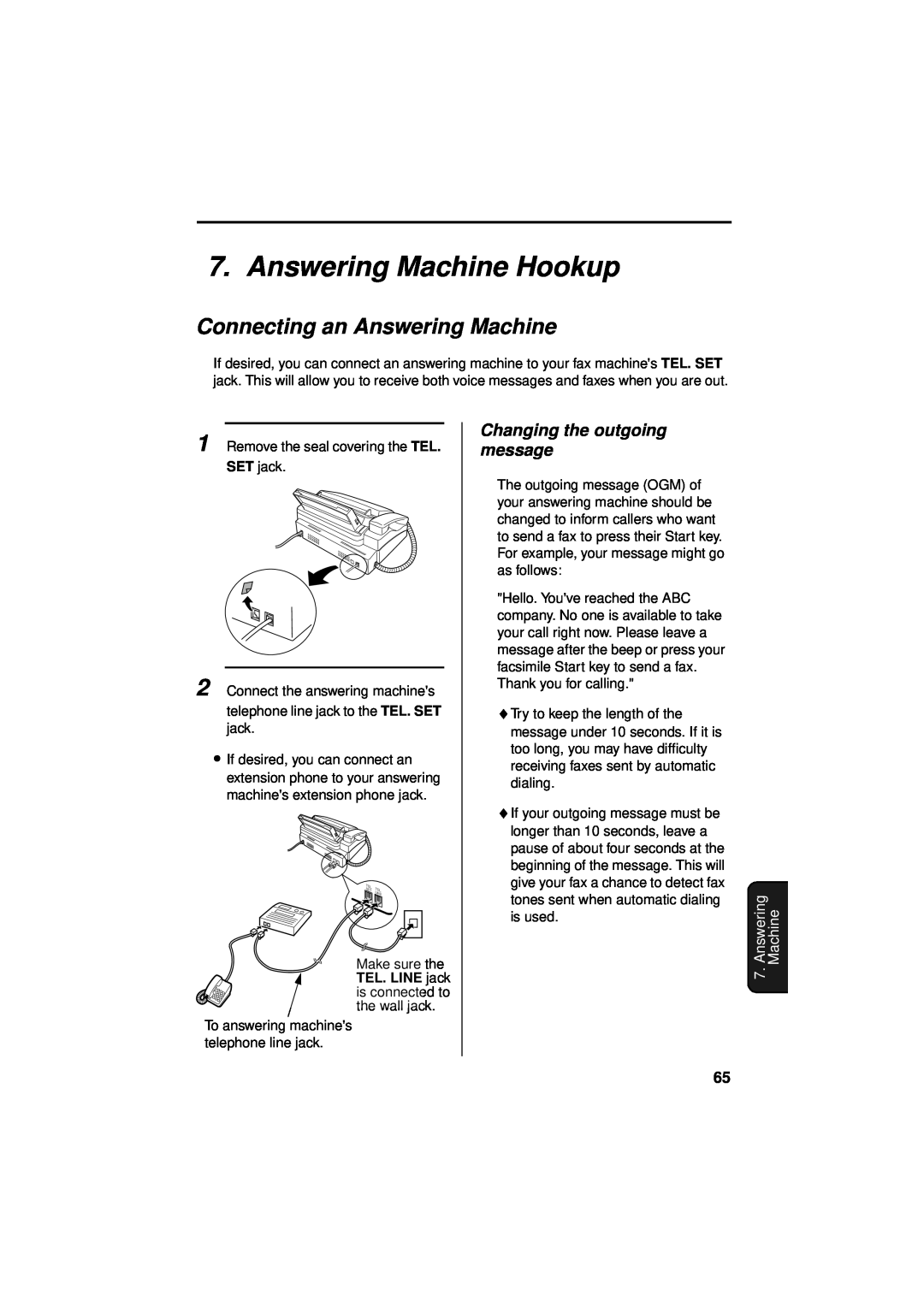 Sharp UX-340LM manual Answering Machine Hookup, Connecting an Answering Machine, Changing the outgoing message 