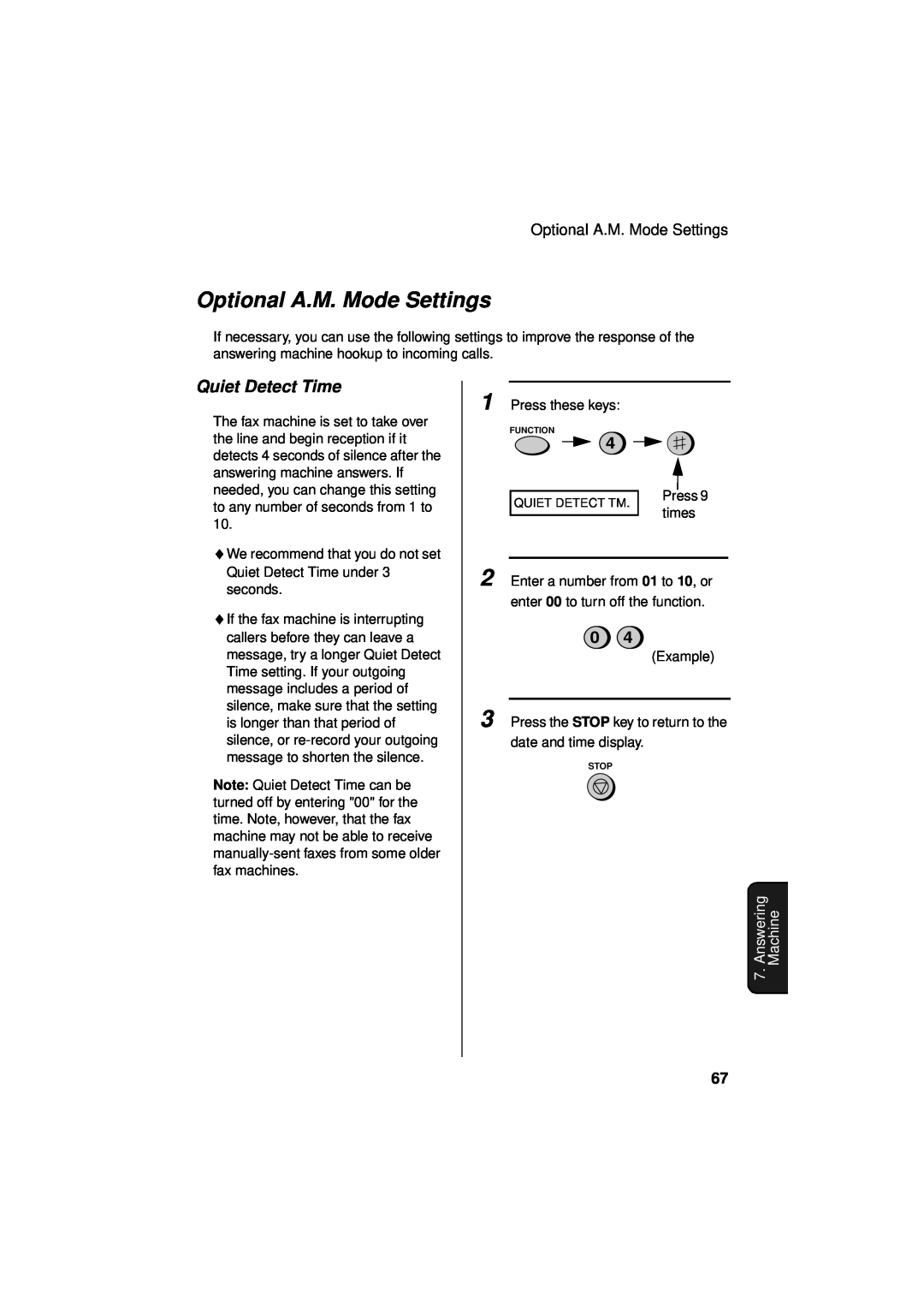 Sharp UX-340LM manual Optional A.M. Mode Settings, Quiet Detect Time, Answering, Machine 