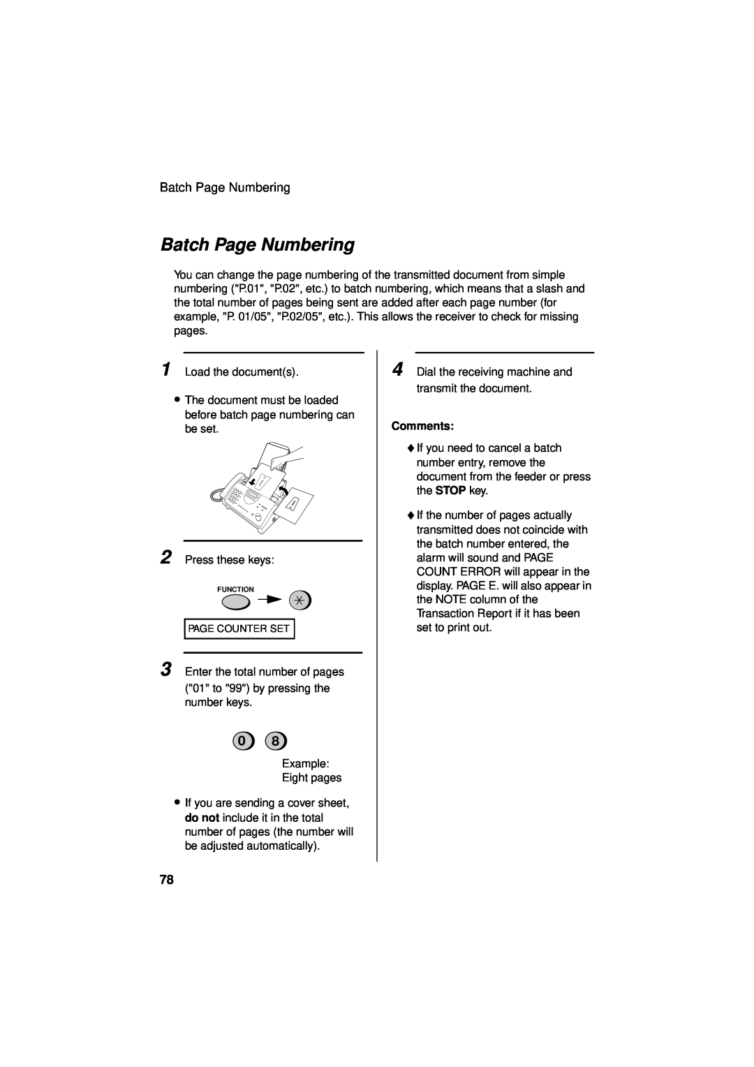 Sharp UX-340LM manual Batch Page Numbering, Comments, Page Counter Set 