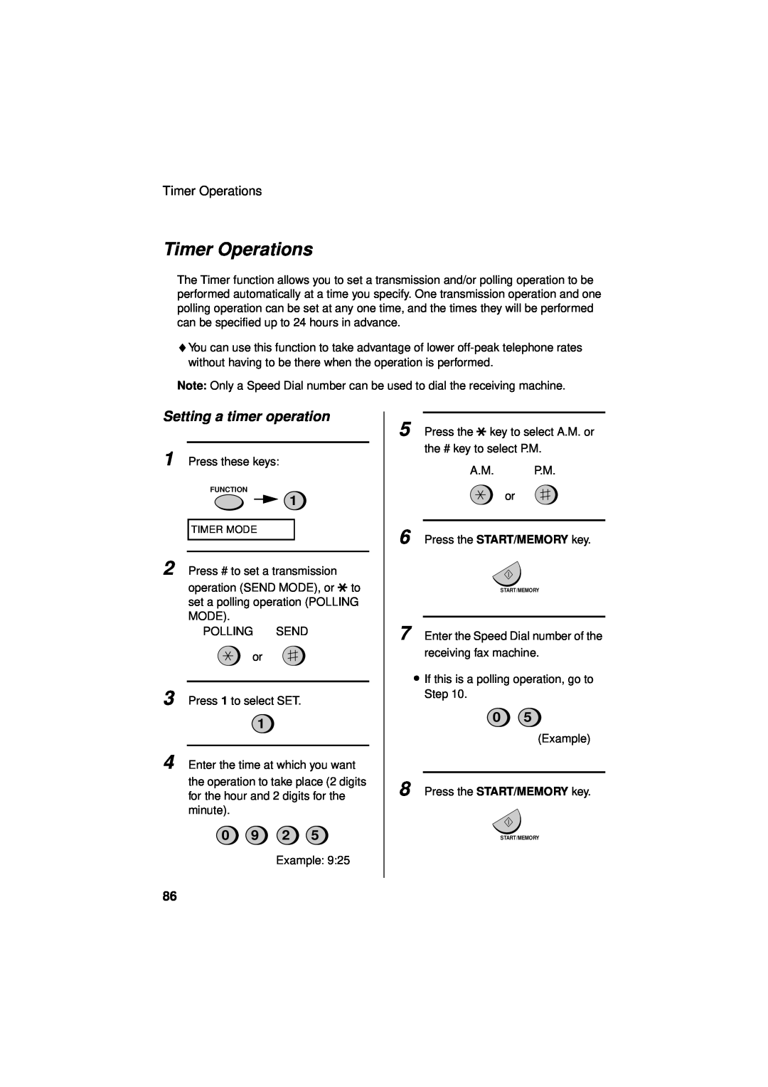 Sharp UX-340LM manual Timer Operations, Setting a timer operation, 0 9 2 