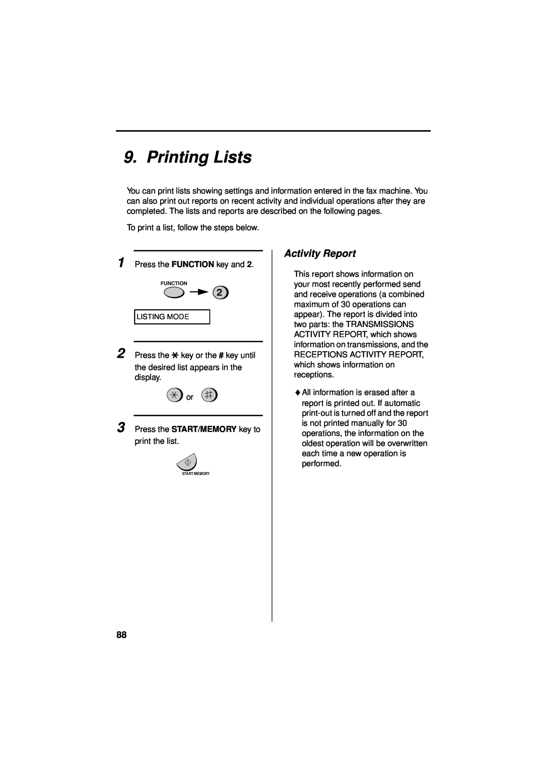 Sharp UX-340LM manual Printing Lists, Activity Report 