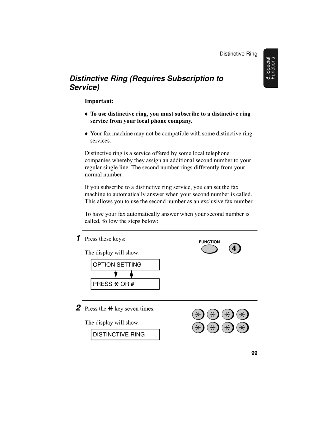 Sharp UX-355L operation manual Distinctive Ring Requires Subscription to Service 