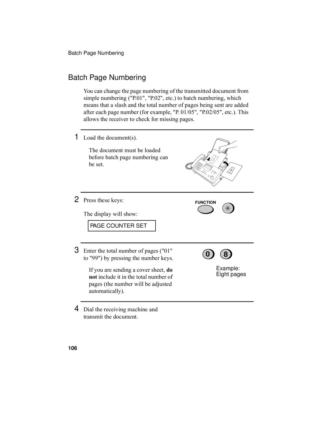 Sharp UX-355L operation manual Batch Page Numbering, Press these keys 