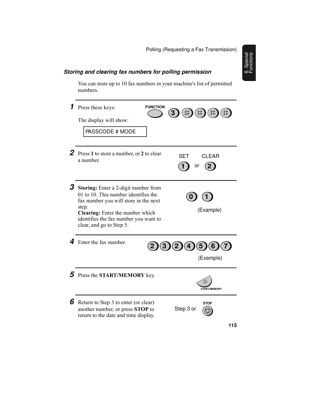 Sharp UX-355L Storing and clearing fax numbers for polling permission, Enter the fax number, Return to to enter or clear 