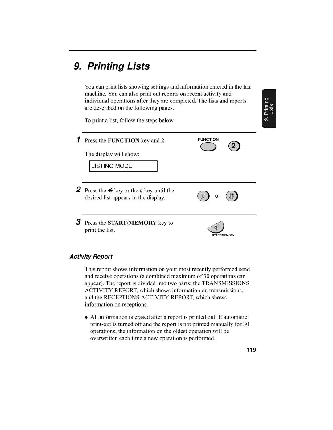 Sharp UX-355L operation manual Printing Lists, Activity Report 