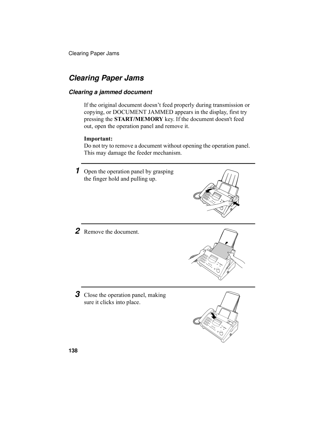 Sharp UX-355L operation manual Clearing Paper Jams, Clearing a jammed document 