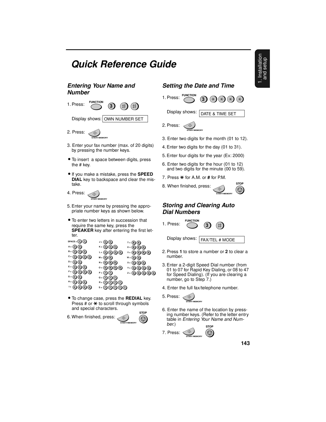 Sharp UX-355L operation manual Quick Reference Guide, Entering Your Name and Number, Setting the Date and Time 