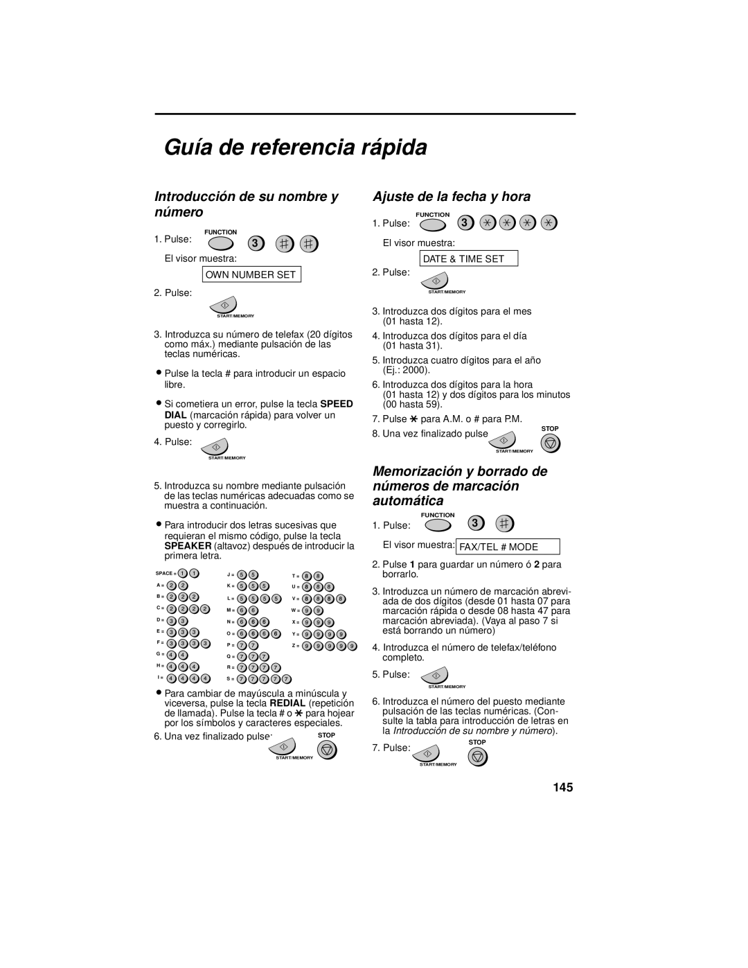 Sharp UX-355L operation manual Guía de referencia rá pida, Introducció n de su nombre y nú mero, Ajuste de la fecha y hora 