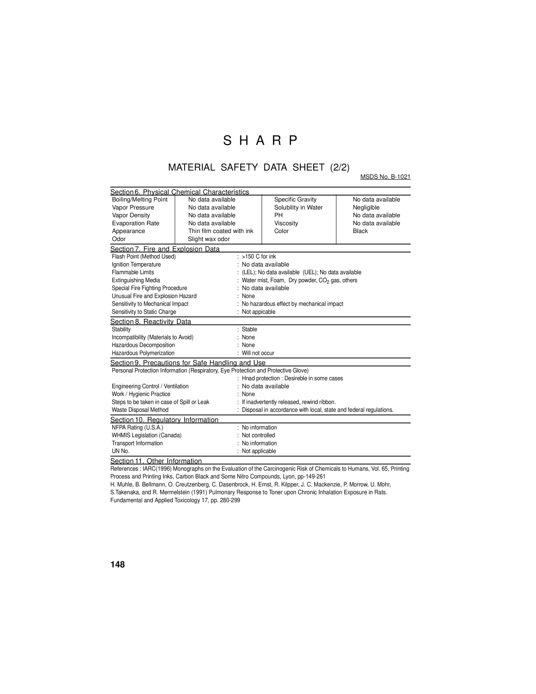 Sharp UX-355L operation manual Material Safety Data Sheet 2/2 