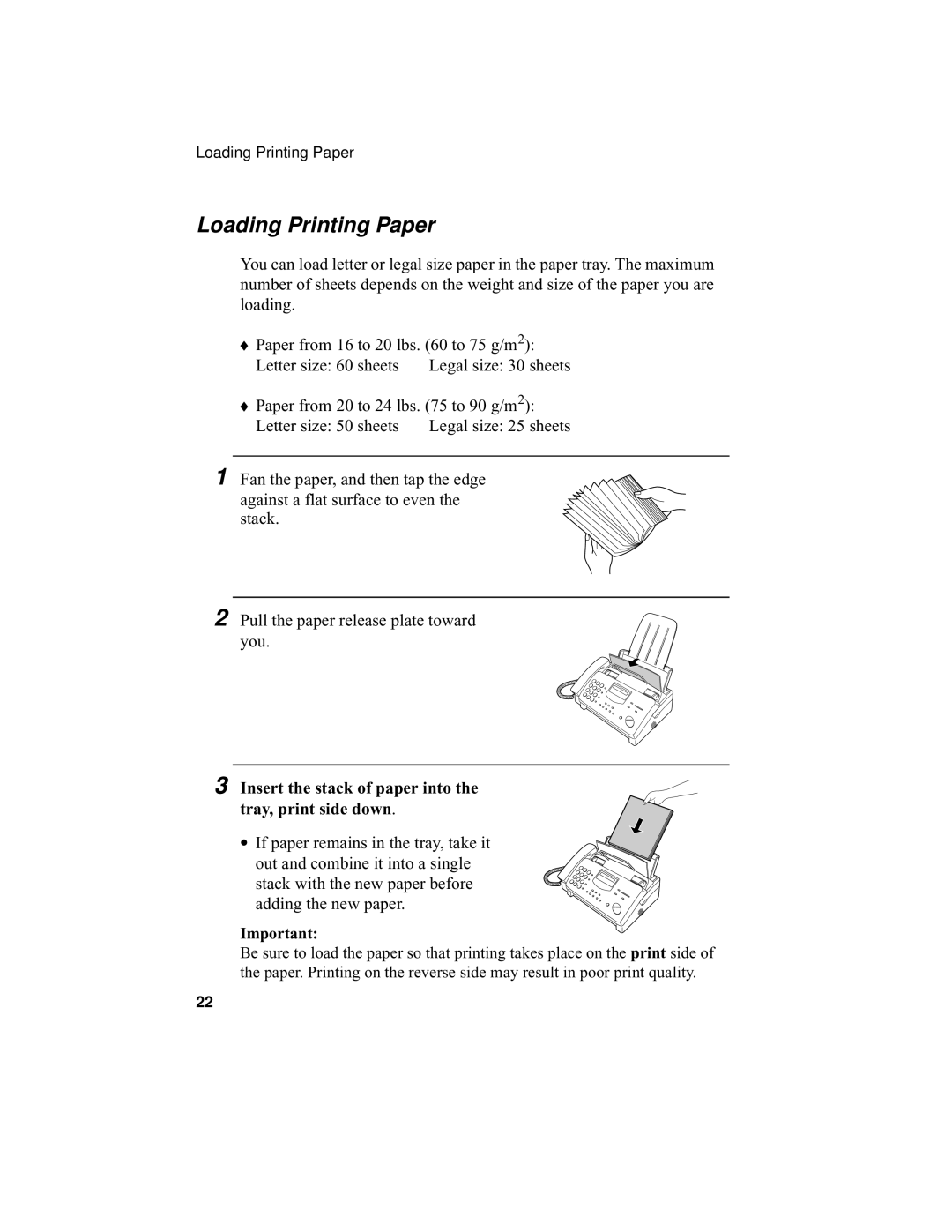 Sharp UX-355L operation manual Loading Printing Paper, Insert the stack of paper into the tray, print side down 