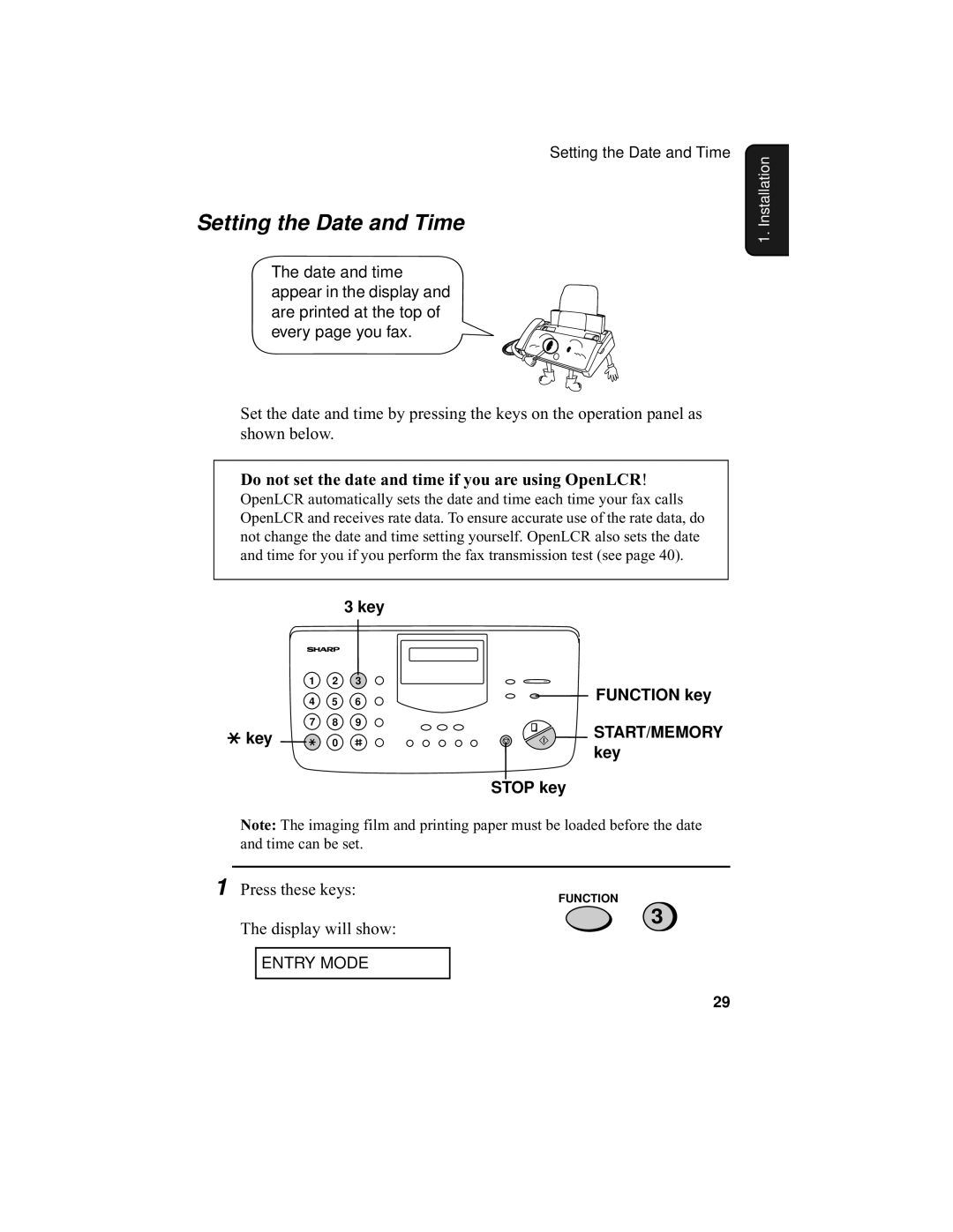 Sharp UX-355L operation manual Setting the Date and Time, Do not set the date and time if you are using OpenLCR 