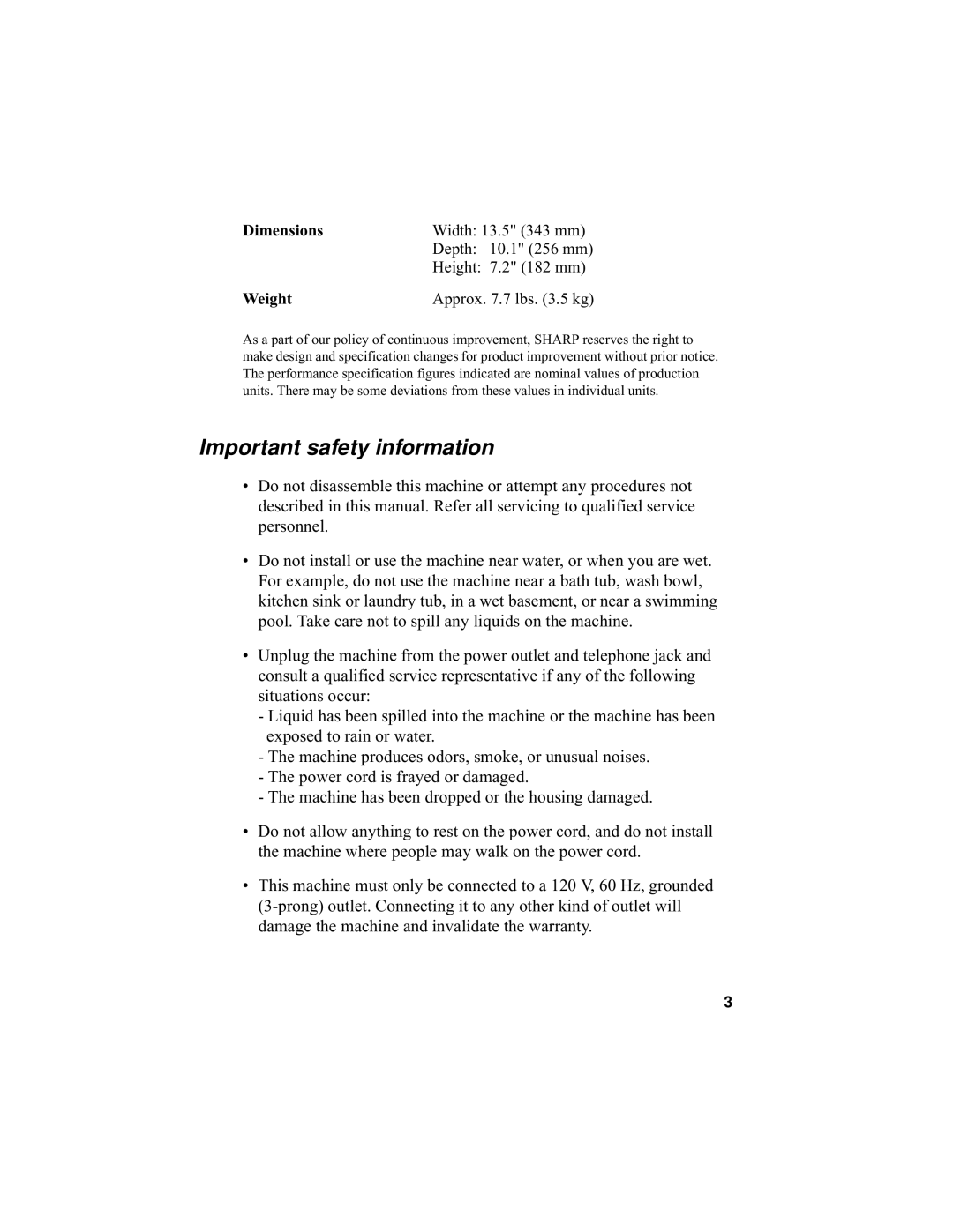 Sharp UX-355L operation manual Important safety information, Weight 