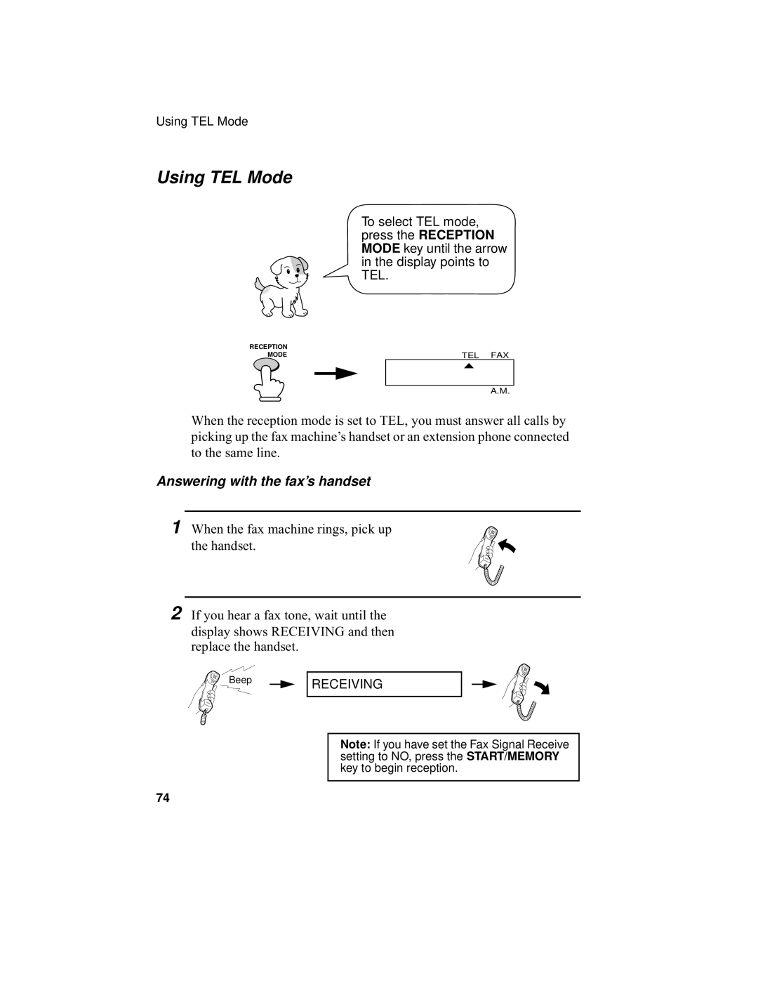 Sharp UX-355L operation manual Using TEL Mode, Answering with the fax’s handset 