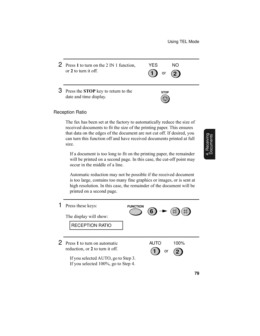 Sharp UX-355L operation manual Reception Ratio, Press 1 to turn on automatic reduction, or 2 to turn it off 