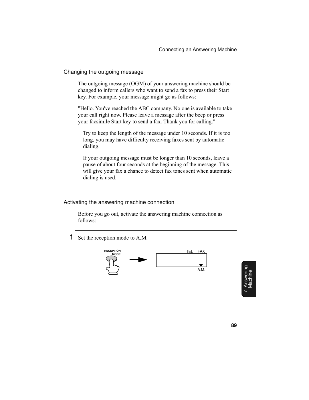 Sharp UX-355L operation manual Changing the outgoing message, Activating the answering machine connection 