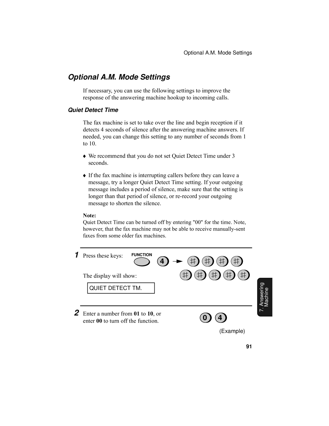 Sharp UX-355L operation manual Optional A.M. Mode Settings, Quiet Detect Time 