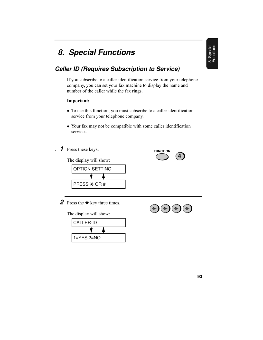 Sharp UX-355L operation manual Special Functions, Caller ID Requires Subscription to Service 