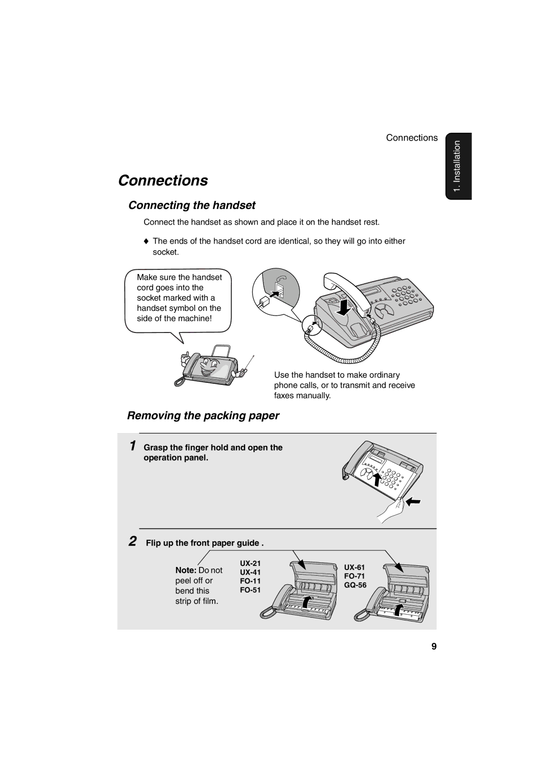 Sharp FO-11, UX-41, UX-61, UX-21 Connections, Connecting the handset, Removing the packing paper, Peel off or, Bend this 