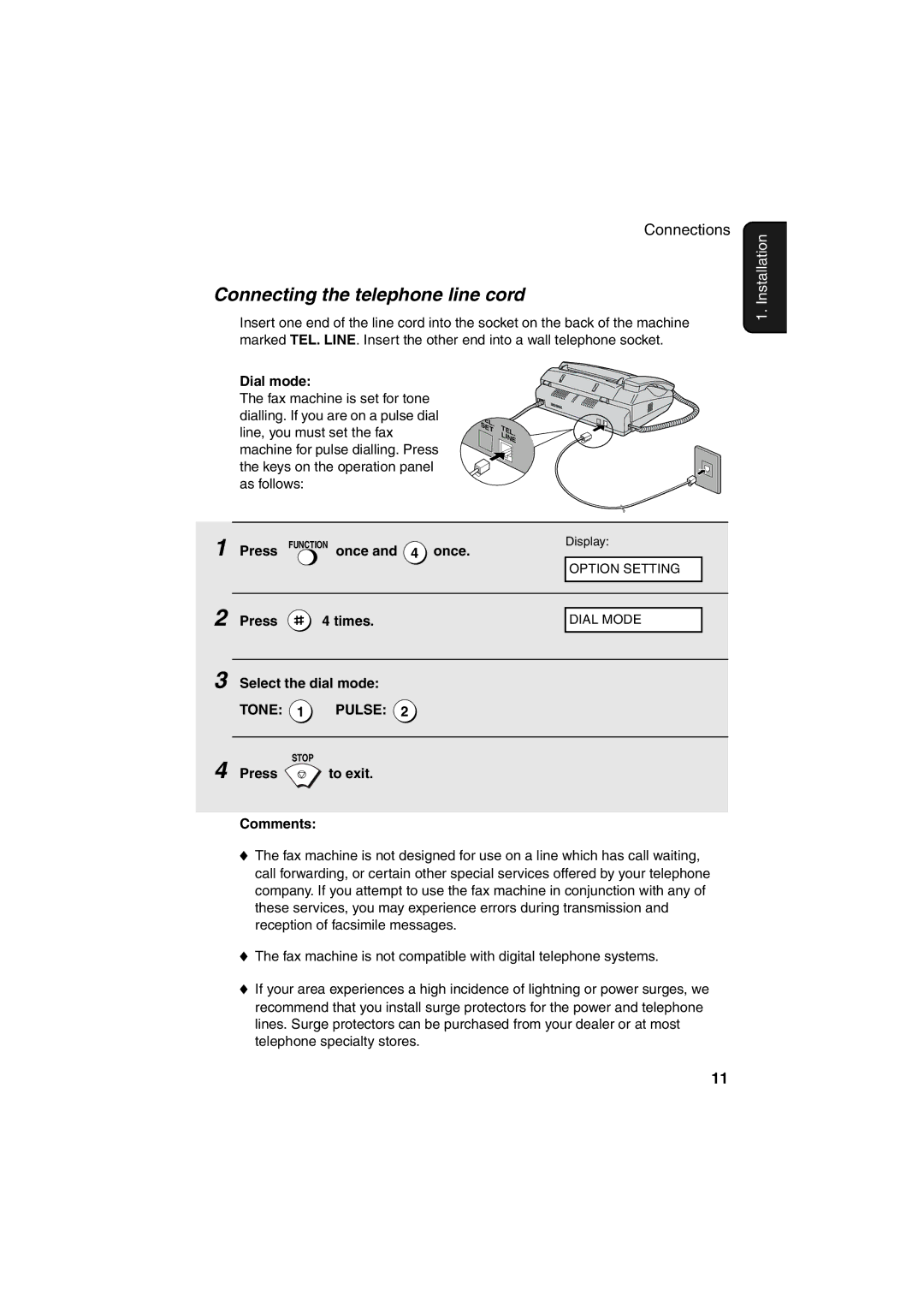 Sharp FO-51, UX-41, UX-61, UX-21, FO-11, GQ-56, FO-71 operation manual Connecting the telephone line cord 