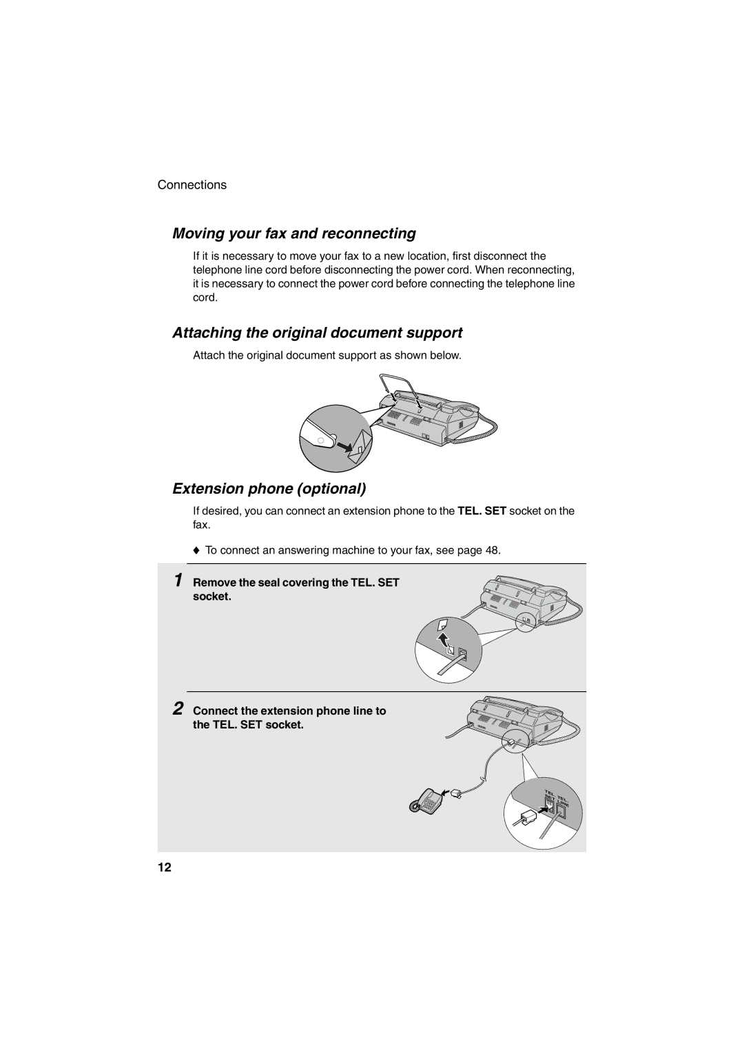 Sharp FO-71, UX-41 Moving your fax and reconnecting, Attaching the original document support, Extension phone optional 