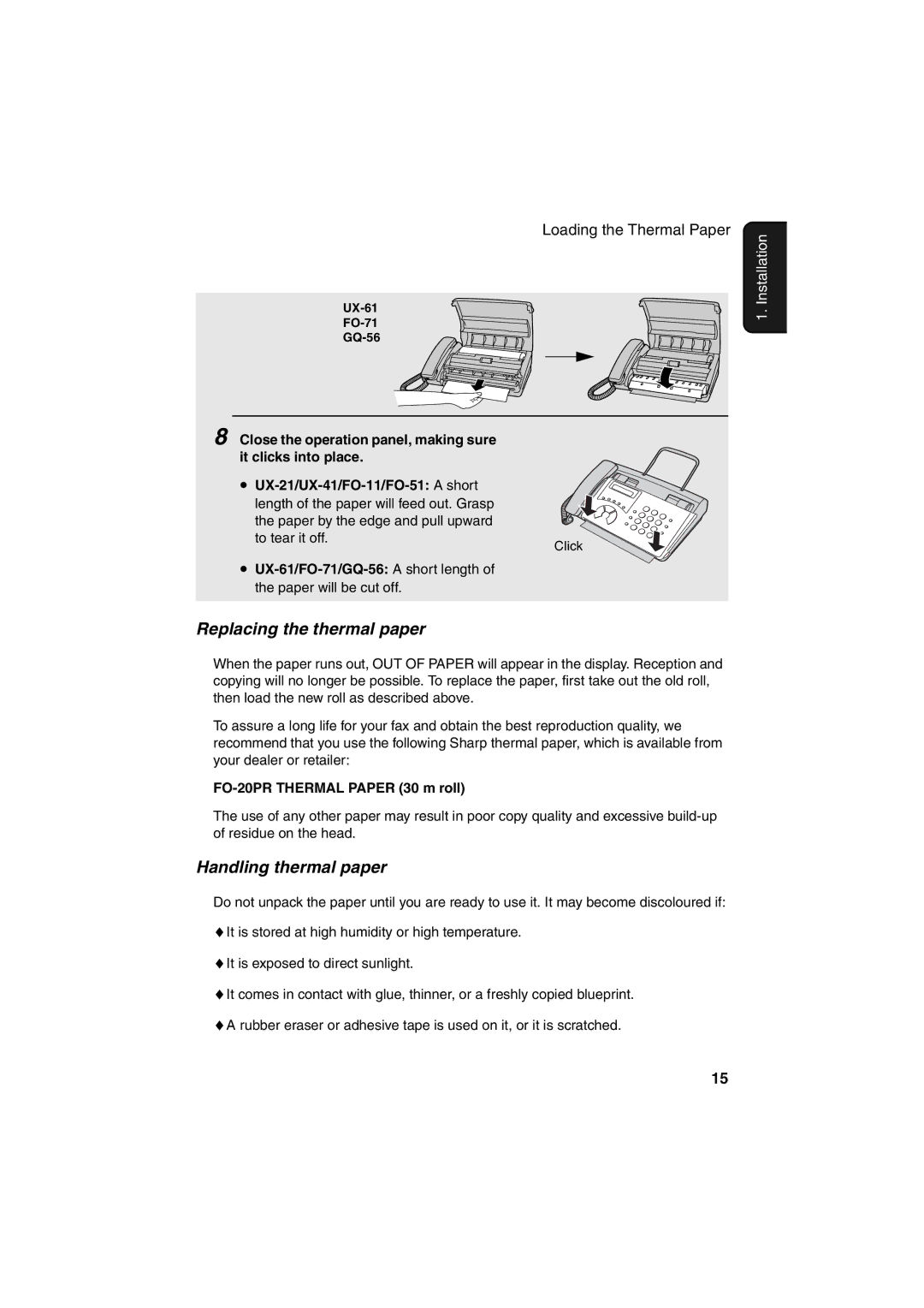 Sharp UX-21, UX-41, UX-61, FO-11, GQ-56 Replacing the thermal paper, Handling thermal paper, FO-20PR Thermal Paper 30 m roll 