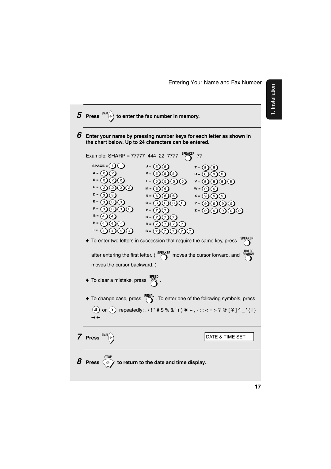 Sharp GQ-56, UX-41, UX-61 To enter the fax number in memory, Moves the cursor backward, To clear a mistake, press Dial 