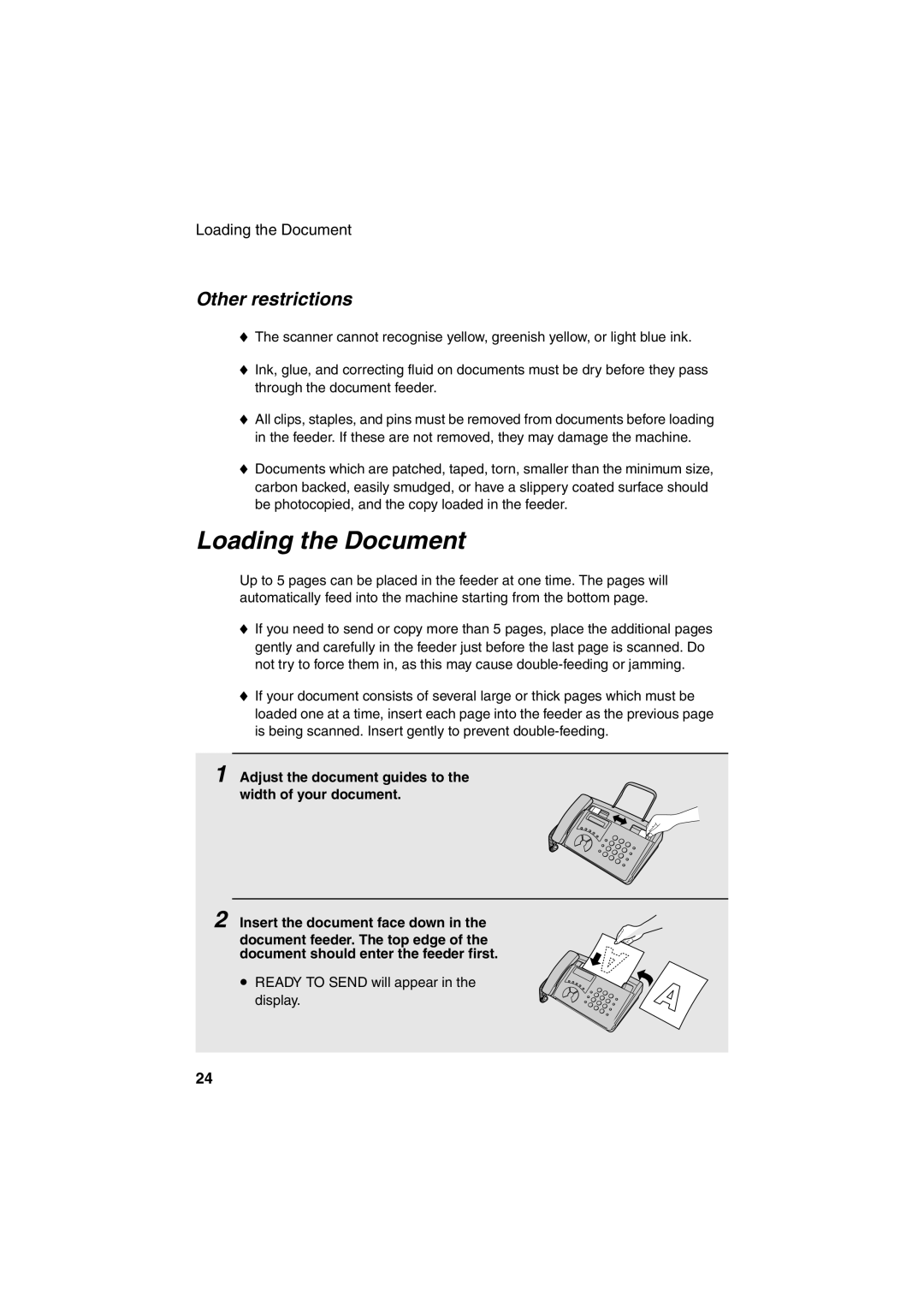 Sharp GQ-56, UX-41, UX-61, UX-21, FO-11, FO-51, FO-71 operation manual Loading the Document, Other restrictions 