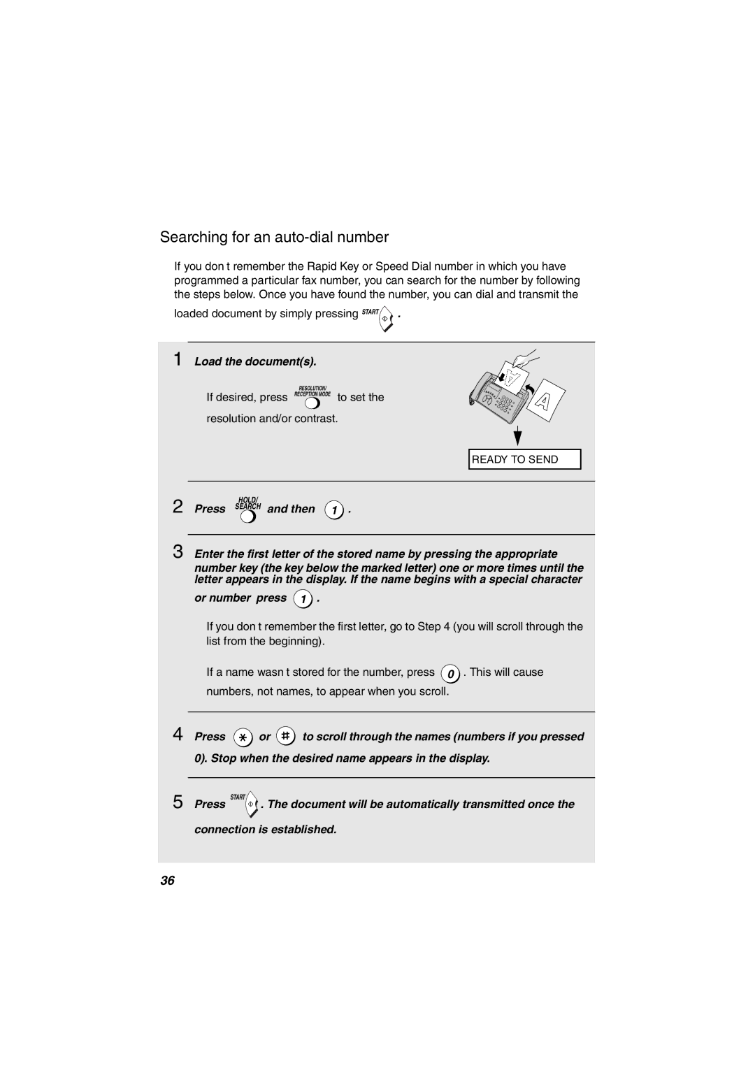 Sharp UX-21 Searching for an auto-dial number, Document will be automatically transmitted once, Connection is established 