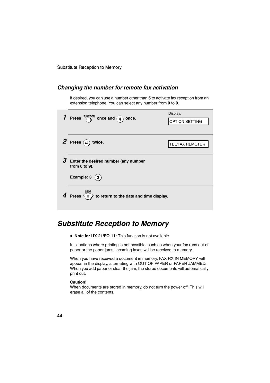 Sharp FO-11, UX-41, UX-61, UX-21, GQ-56, FO-51 Substitute Reception to Memory, Changing the number for remote fax activation 