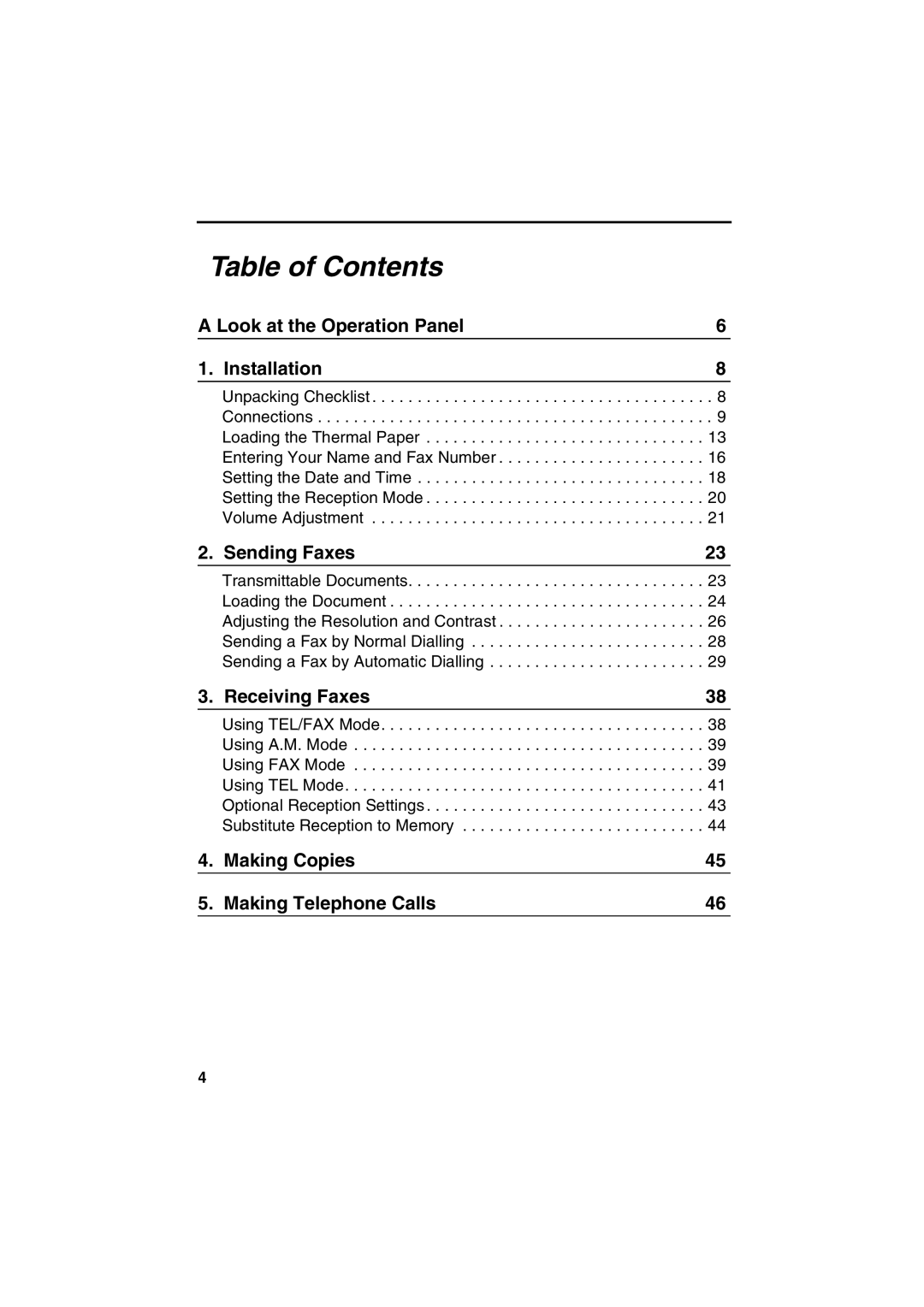 Sharp FO-51, UX-41, UX-61, UX-21, FO-11, GQ-56, FO-71 operation manual Table of Contents 