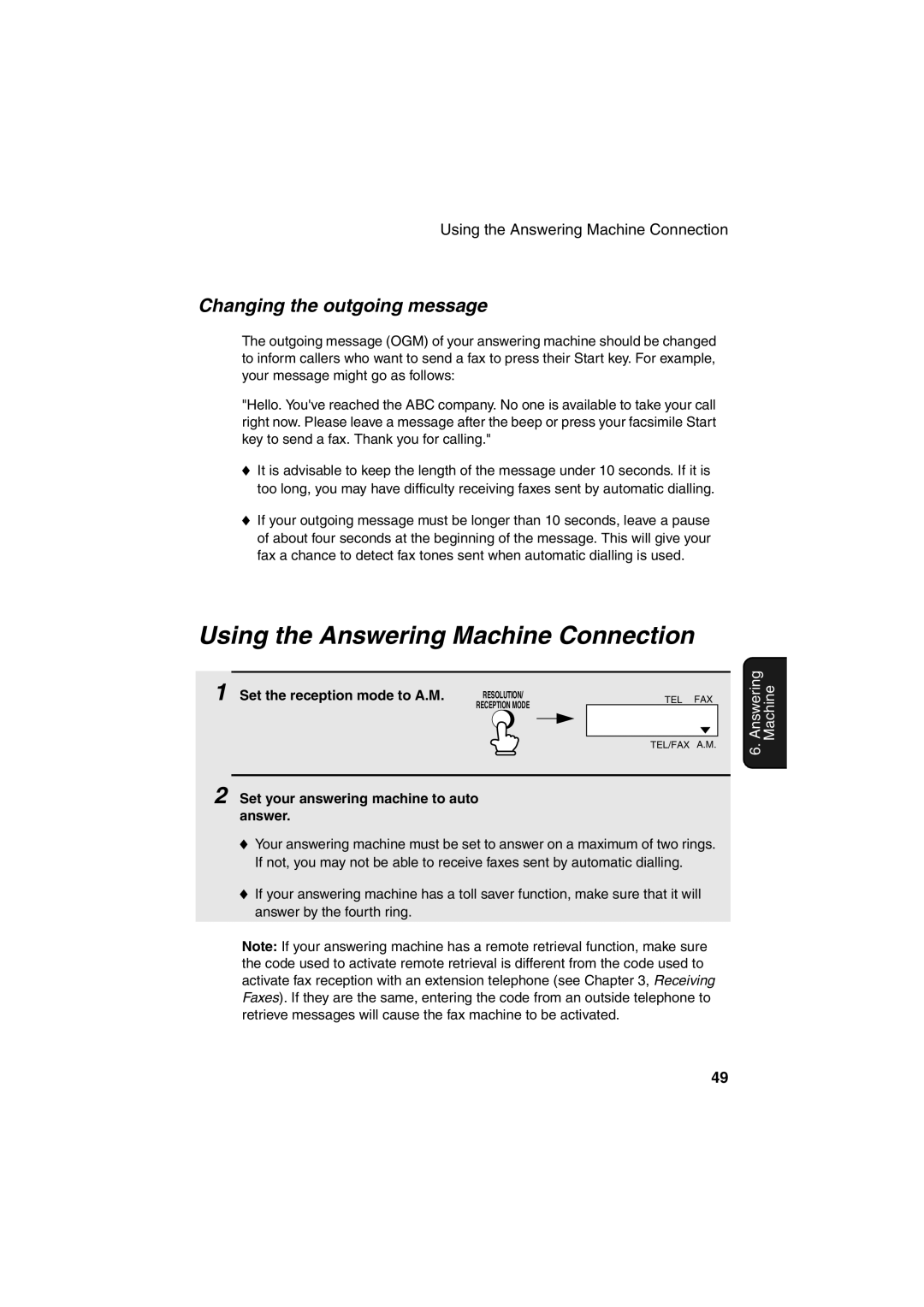 Sharp UX-61, UX-41 Using the Answering Machine Connection, Changing the outgoing message, Set the reception mode to A.M 