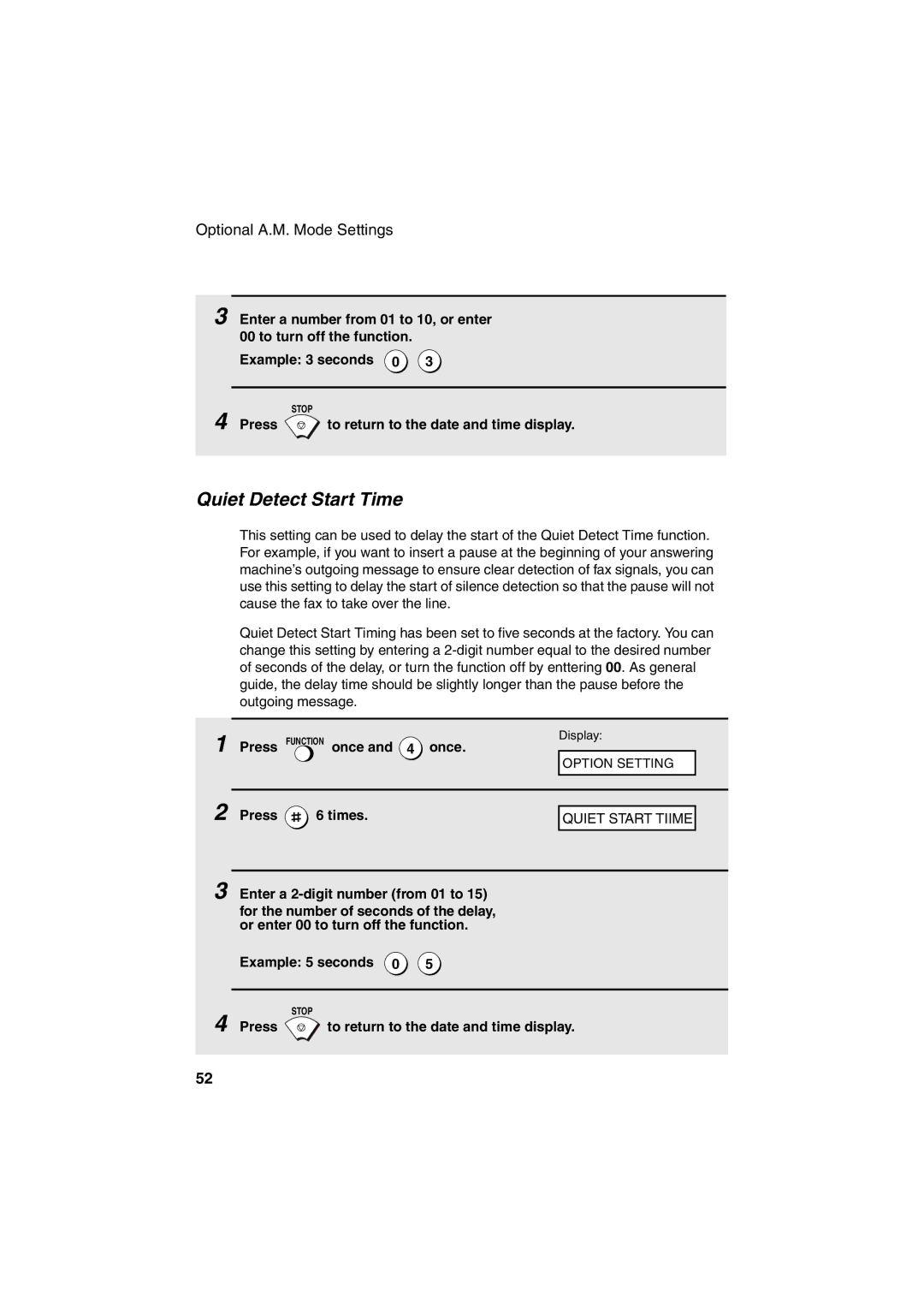 Sharp GQ-56, UX-41, UX-61, UX-21, FO-11, FO-51, FO-71 operation manual Quiet Detect Start Time, Quiet Start Tiime 