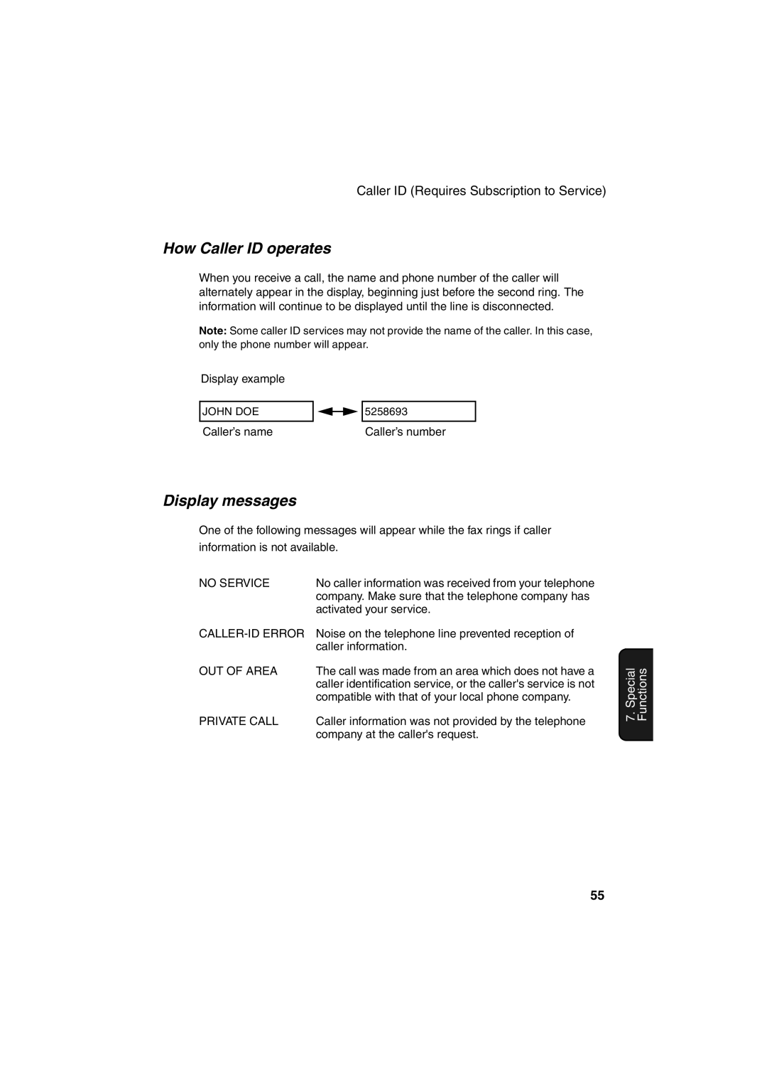 Sharp UX-41, UX-61, UX-21, FO-11, GQ-56, FO-51, FO-71 operation manual How Caller ID operates, Display messages 